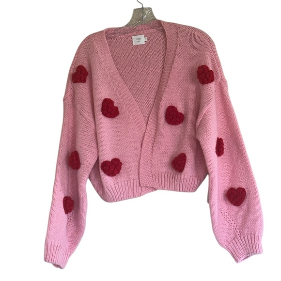 NWT LUNA IVY Heart 3D Knitted Chunky Cardigan Sweater Pink Red Open Front - Picture 5 of 9